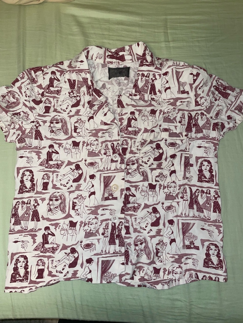Reformation Printed Button Down Shirt in White & Red Size Medium